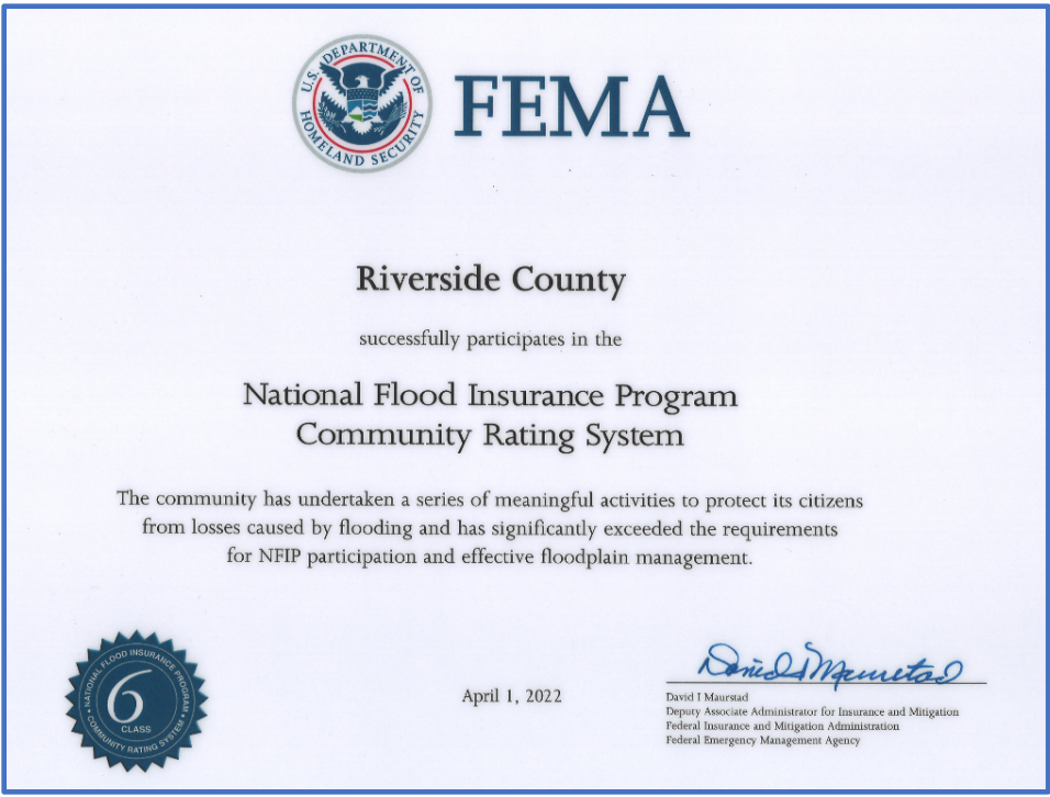 Community Rating System Recognition for Riverside County Participation